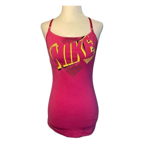 Nike DRI-Fit Graphic Print Racerback Active Tank Top Pink Yellow Knit Athletic S - Picture 1 of 6